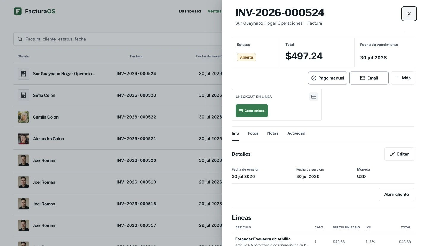 Detalle de una factura en FacturaOS con cliente, partidas, balance, checkout y acciones de cobro.